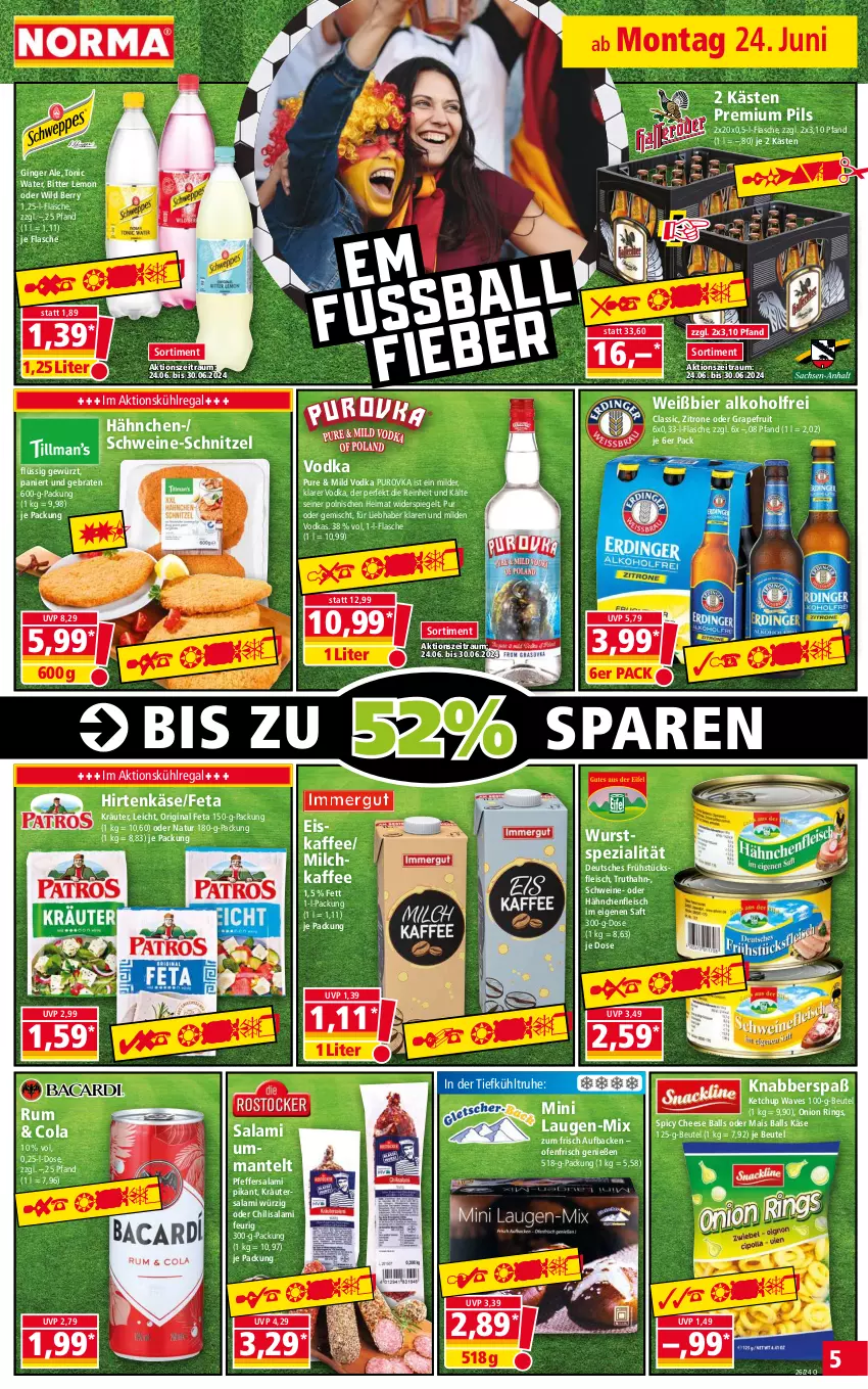 Aktueller Prospekt Norma - Norma - von 24.06 bis 01.07.2024 - strona 5 - produkty: alkohol, ball, beutel, bier, bitter lemon, braten, chili, cola, eis, eiskaffee, feta, flasche, fleisch, frühstücksfleisch, gewürz, gin, ginger, ginger ale, grapefruit, Hähnchenfleisch, hirtenkäse, kaffee, Käse, ketchup, kräuter, kühlregal, mais, Mantel, milch, natur, Ofen, pfeffer, pils, premium pils, regal, ring, rum, saft, salami, schnitzel, schwein, schweine, schweine-schnitzel, Spezi, spiegel, Ti, tonic, tonic water, truthahn, vodka, wein, weine, Wild, wild berry, wurst, zitrone