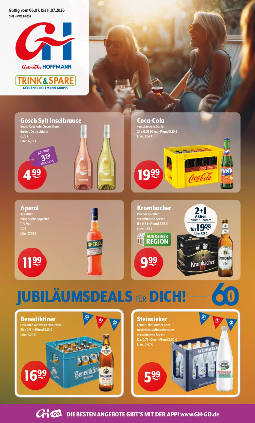 Aktueller Prospekt Getraenke Hoffmann - Prospekte - von 06.07 bis 11.07.2026 - strona 1 - produkty: Alwa, angebot, angebote, aperitif, aperol, Bad, Benediktiner, bier, brause, coca-cola, cola, ecco, eis, Jubiläums, krombache, krombacher, krombacher pils, mineralwasser, natur, natürliches mineralwasser, oder radler, pils, radler, Steinsieker, Ti, wasser, weissbier