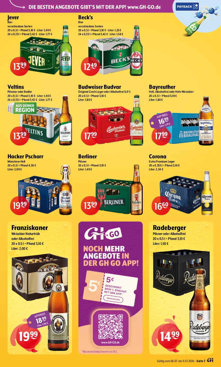 Aktueller Prospekt Getraenke Hoffmann - Prospekte - von 06.07 bis 11.07.2026 - strona 7 - produkty: alkohol, angebot, angebote, Berger, berliner, bier, budweiser, corona, eis, franziskaner, gin, hacker pschorr, Hefe, jever, natur, oder radler, pils, pilsener, pilsner, radeberger, radeberger pilsner, radler, Ti, veltins, veltins pilsener, weissbier