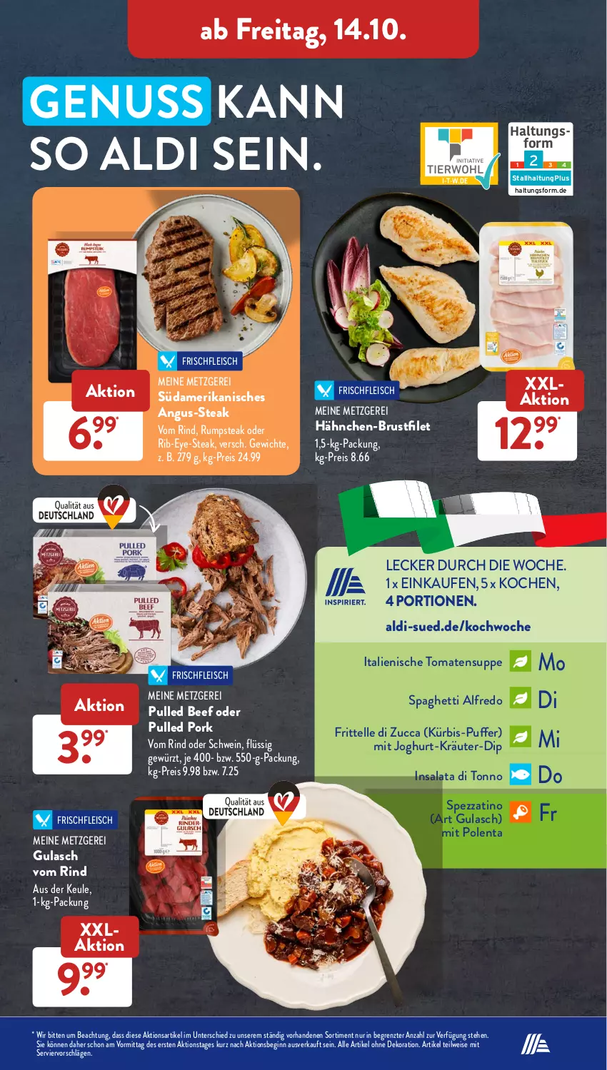 Aktueller Prospekt AldiSud - NÄCHSTE WOCHE - von 10.10 bis 15.10.2022 - strona 33 - produkty: aldi, alle artikel ohne dekoration, beef, brustfilet, dekoration, dip, eis, elle, filet, fleisch, gewürz, gin, gulasch, hähnchen-brustfilet, joghur, joghurt, kräuter, Kürbis, nuss, Pulled Pork, reis, rind, rum, rumpsteak, salat, schwein, spaghetti, steak, suppe, Ti, tomate, tomaten, Tomatensuppe, wein, ZTE