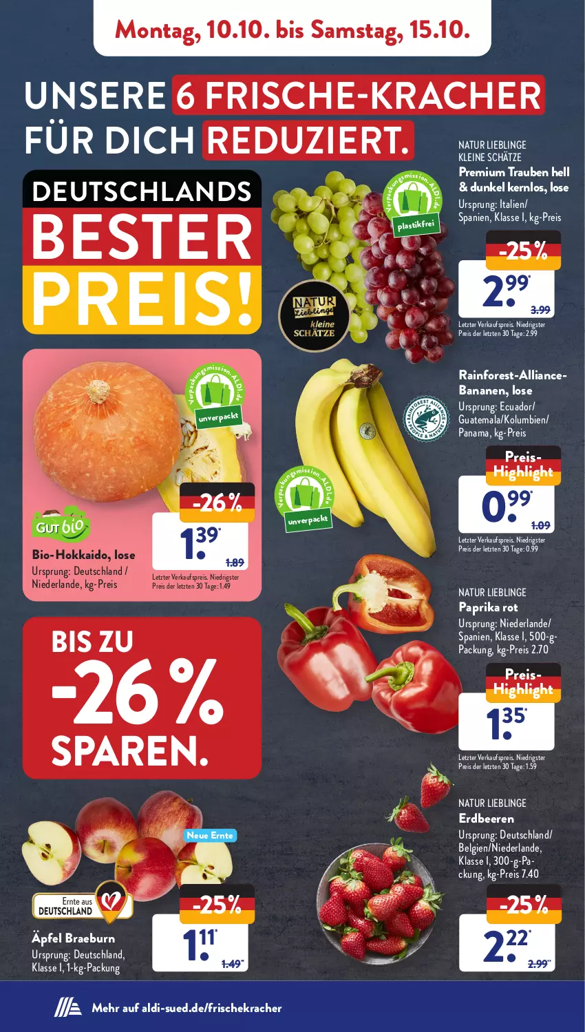 Aktueller Prospekt AldiSud - NÄCHSTE WOCHE - von 10.10 bis 15.10.2022 - strona 4 - produkty: aldi, asti, banane, bananen, beere, beeren, bio, eis, erdbeere, erdbeeren, kracher, leine, LG, natur, paprika, paprika rot, reis, Ti, trauben, ZTE