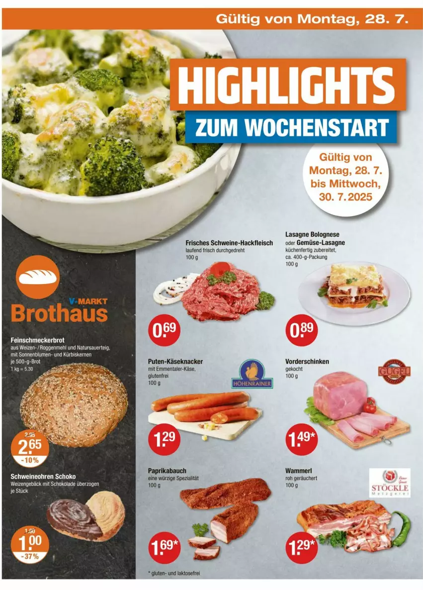 Aktueller Prospekt Vmarkt - Prospekte - von 24.07 bis 30.07.2025 - strona 18 - produkty: auer, Bau, bolognese, brot, eis, emmentaler, feinschmecker, fleisch, hackfleisch, Käse, knacker, küche, Küchen, lasagne, Laufen, mehl, merl, natur, paprika, pute, schinken, schoko, schokolade, schwein, schweine, tee, Ti, wein, weine