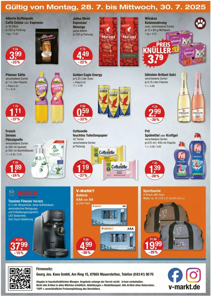 Aktueller Prospekt Vmarkt - Prospekte - von 24.07 bis 30.07.2025 - strona 20 - produkty: alle artikel ohne dekoration, angebot, angebote, auer, auto, beutel, bosch, brillant sekt, cottonelle, dekoration, dell, eis, elle, feuchtes toilettenpapier, finesse, flasche, flüssigseife, Frosch, kaes, katzennahrung, kraft, Mode, papier, pfanne, Pfanner, pril, Reinigung, ring, säfte, Seife, sekt, sim, söhnlein, söhnlein brillant, spülmittel, tassimo, tee, telefon, Ti, tisch, toilettenpapier, tücher, whiskas