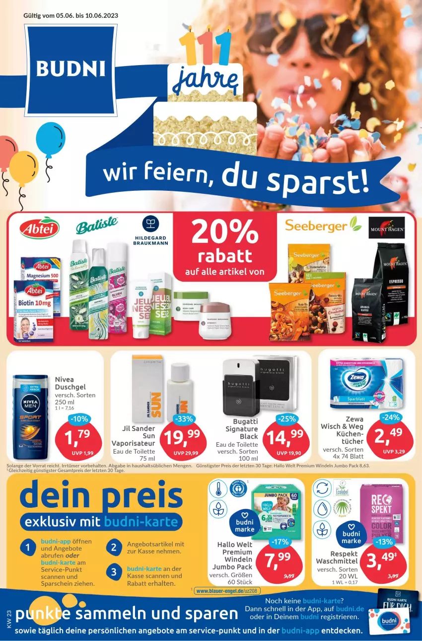 Aktueller Prospekt Budni - Prospekte - von 05.06 bis 10.06.2023 - strona 1 - produkty: angebot, angebote, auer, Brufen, decke, duschgel, eau de toilette, eis, Engel, jumbo, küche, Küchen, lack, natur, nivea, nuss, reis, Ti, tücher, waschmittel, windeln, zewa, ZTE