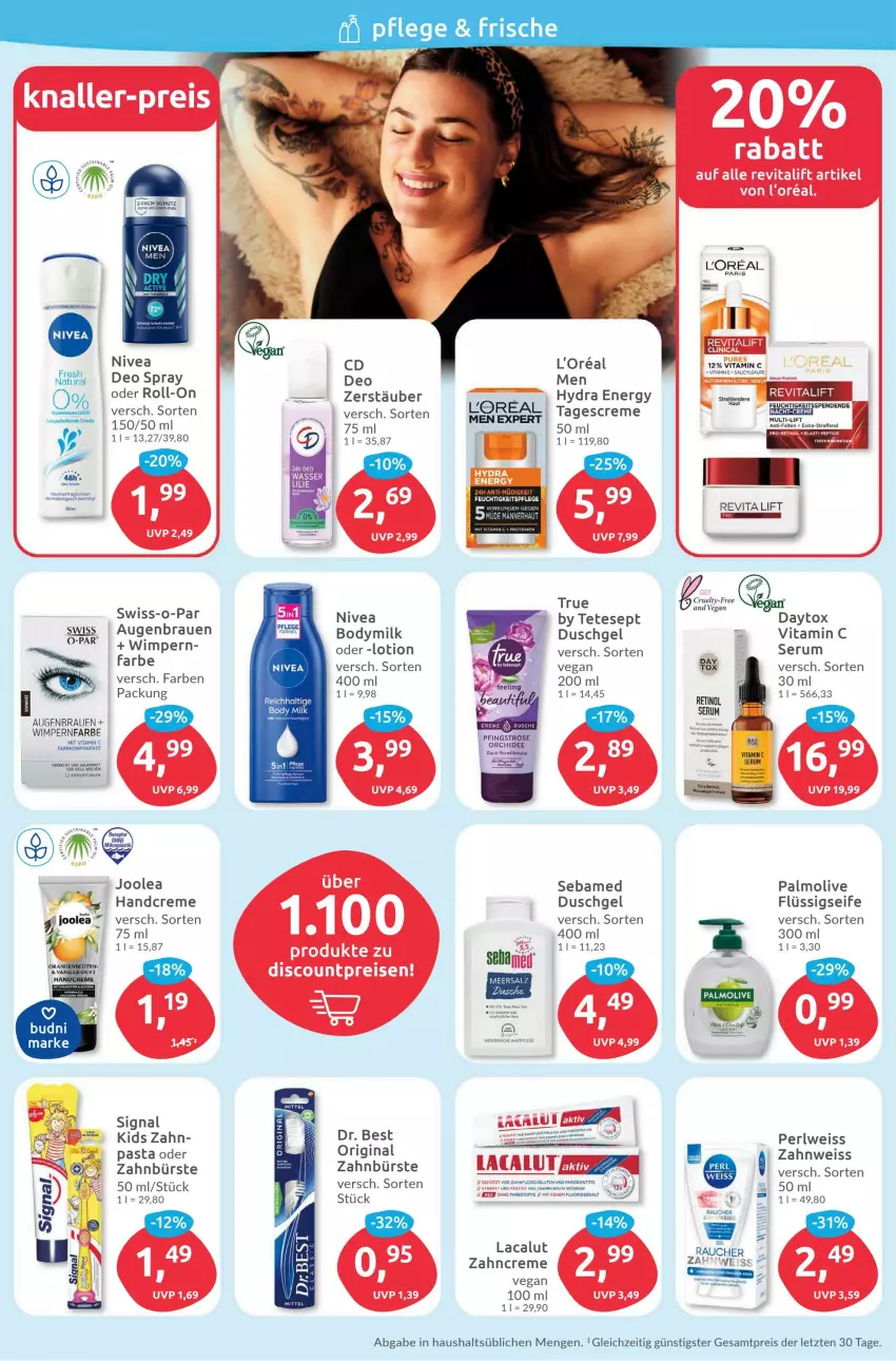 Aktueller Prospekt Budni - Prospekte - von 05.06 bis 10.06.2023 - strona 2 - produkty: auer, bett, body, body milk, Bodymilk, bürste, Clin, creme, deo, deo spray, Dr. Best, dusche, duschgel, eis, ente, feuchtigkeitspflege, fleisch, flüssigseife, gin, handcreme, Lacalut, loreal, Lotion, meersalz, natur, natura, nivea, olive, orchidee, palmolive, pasta, reis, Revital, revitalift, roll-on, rum, salz, sebamed, Seife, Serum, Swiss-o-Par, tagescreme, Ti, vita, Vitamin C, zahnbürste, zahncreme, ZTE