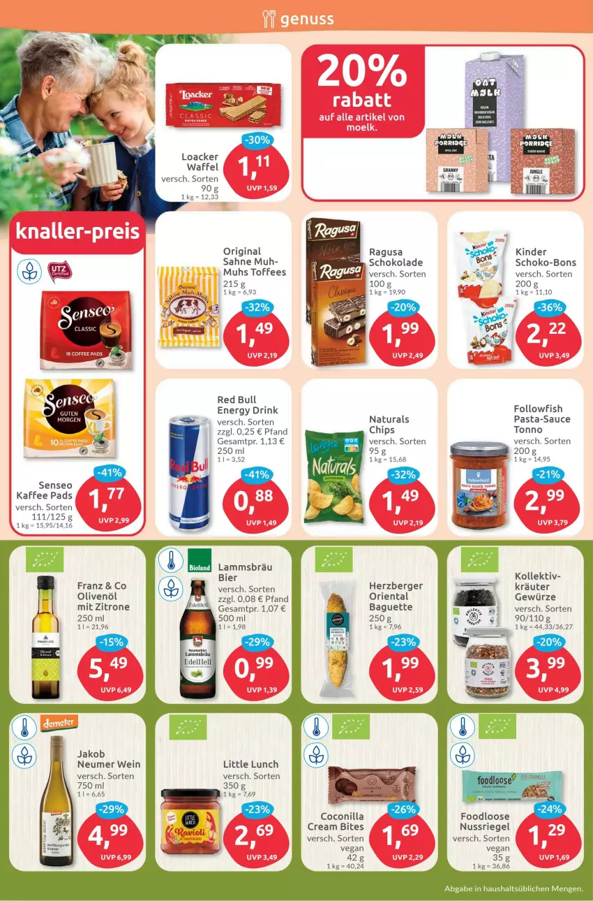 Aktueller Prospekt Budni - Prospekte - von 05.06 bis 10.06.2023 - strona 6 - produkty: baguette, Berger, bett, bier, bites, chips, drink, energy drink, followfish, gewürz, gin, herzberger, jako, kaffee, Kinder, kräuter, lamm, Loose, natur, natura, nuss, nussriegel, olive, oliven, olivenöl, pasta, Pasta Sauce, pasta-sauce, riegel, sahne, sauce, schoko, schoko-bons, senseo, Ti, wein, zitrone