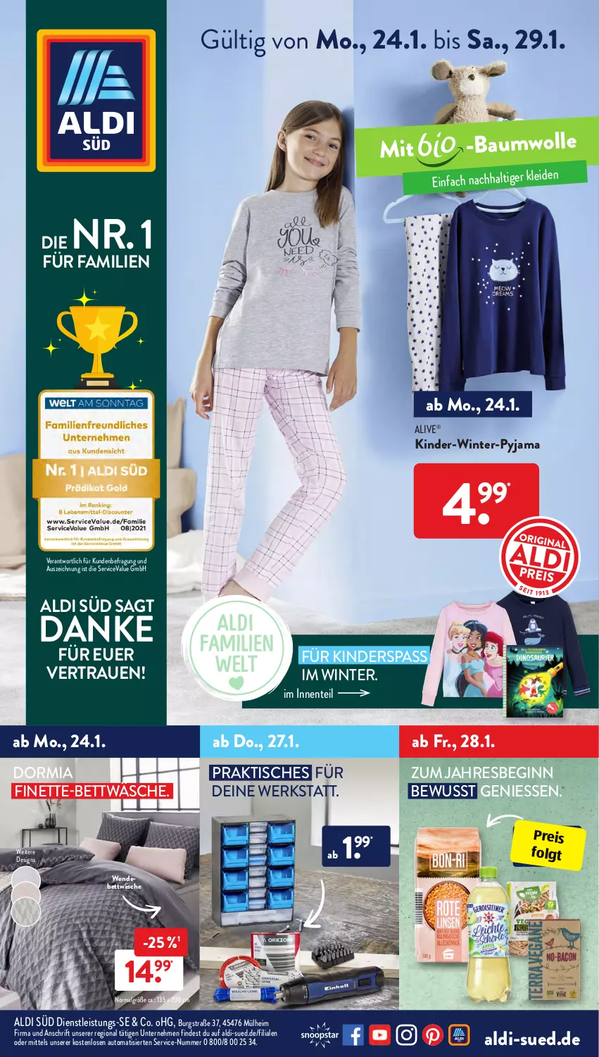 Aktueller Prospekt AldiSud - ALDI Aktuell - von 24.01 bis 29.01.2022 - strona 1 - produkty: aldi, auto, Bau, baumwolle, bett, bettwäsche, dormia, eis, ente, gin, Kinder, LG, Pyjama, reis, Ti, tisch, wendebettwäsche, wolle