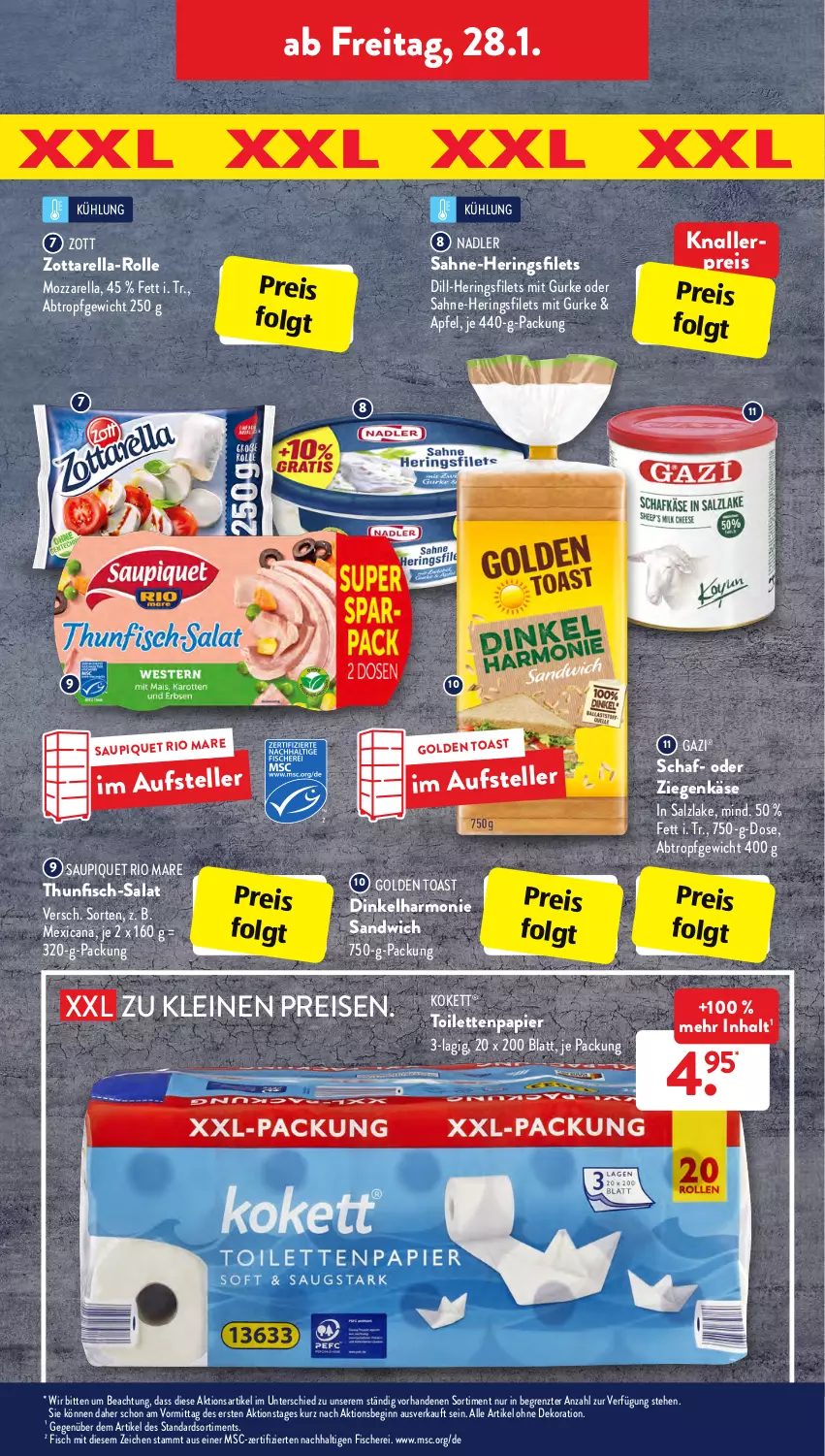 Aktueller Prospekt AldiSud - ALDI Aktuell - von 24.01 bis 29.01.2022 - strona 23 - produkty: alle artikel ohne dekoration, apfel, dekoration, eis, elle, filet, filets, fisch, fische, Fischer, gin, golden toast, gurke, hering, Herings, heringsfilets, Käse, knallerpreis, leine, LG, mozzarella, nadler, papier, reis, rel, ring, Rio Mare, sahne, salat, salz, sandwich, saupiquet, Schere, teller, thunfisch, Ti, toast, toilettenpapier, ziegenkäse, zott, zottarella, ZTE