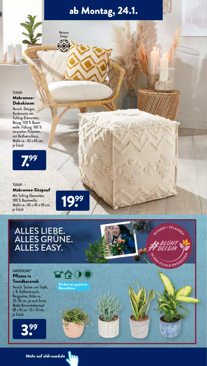 Aktueller Prospekt AldiSud - ALDI Aktuell - von 24.01 bis 29.01.2022 - strona 4 - produkty: aldi, Bau, baumwolle, dekokissen, ente, gardenline®, kaffee, kissen, ndk, pflanze, Rauch, Ti, topf, übertopf, wolle