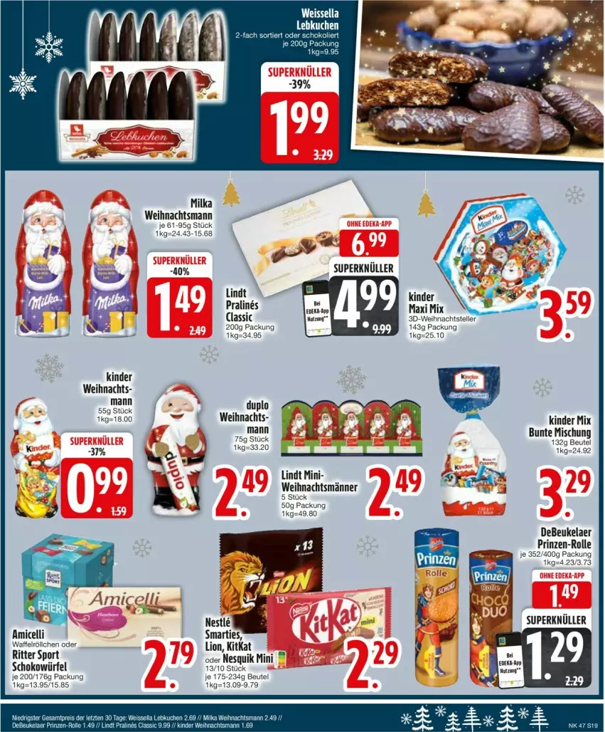 Aktueller Prospekt Edeka - Prospekte - von 18.11 bis 23.11.2024 - strona 21 - produkty: amicelli, beutel, debeukelaer, duplo, elle, Kinder, Kinder Maxi, kitkat, lindt, lion, milka, nesquik, ritter, ritter sport, schoko, schokowürfel, smarties, Sport, teller, Ti, Waffelröllchen, würfel