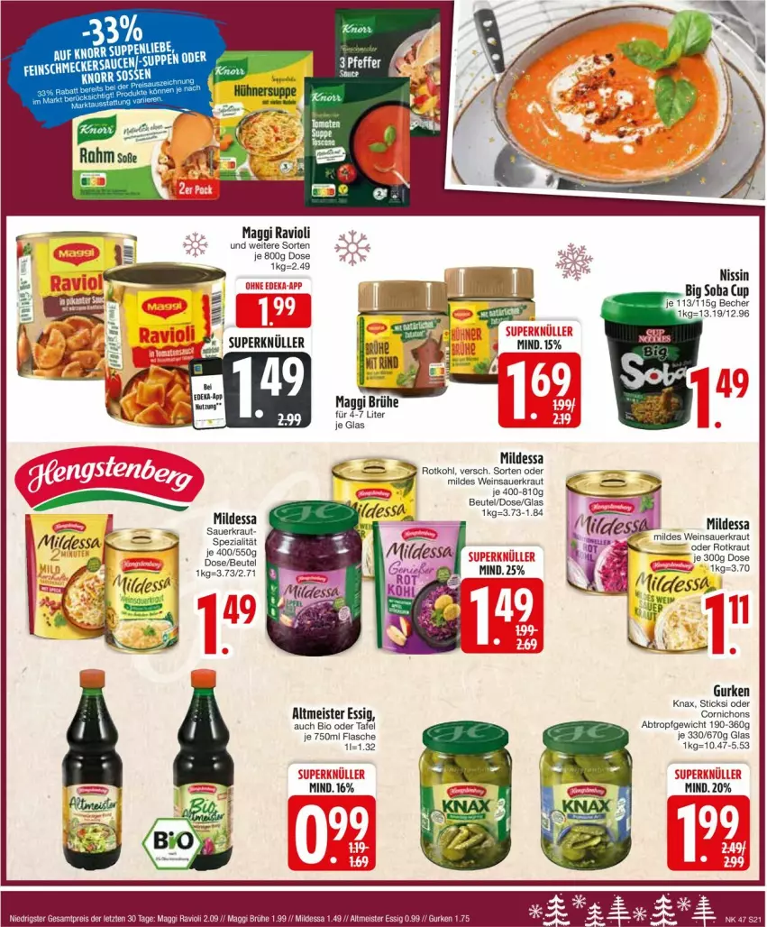 Aktueller Prospekt Edeka - Prospekte - von 18.11 bis 23.11.2024 - strona 23 - produkty: auer, beutel, bio, Brühe, eis, essig, flasche, gurke, gurken, Kraut, maggi, Meister, Nissin, ravioli, rotkohl, Sauerkraut, Spezi, Ti, wein, Weinsauerkraut