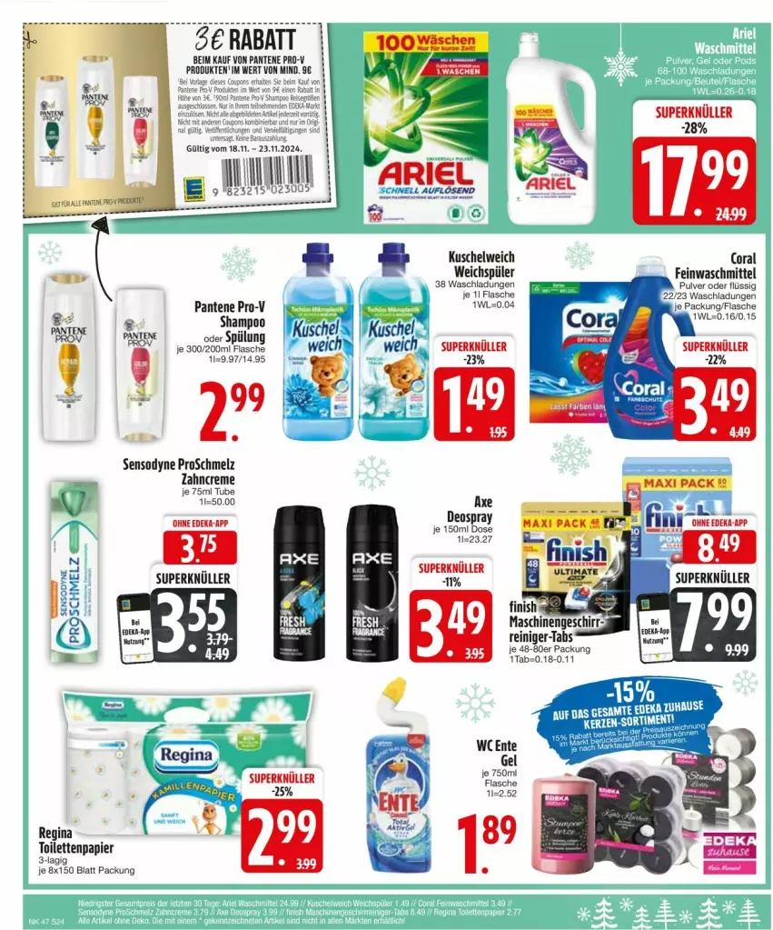 Aktueller Prospekt Edeka - Prospekte - von 18.11 bis 23.11.2024 - strona 26 - produkty: axe, Coral, creme, deka, deo, ente, feinwaschmittel, flasche, gin, Kuschelweich, pantene, pantene pro-v, papier, pro-v, sensodyne, spülung, Ti, toilettenpapier, waschmittel, weichspüler, zahncreme