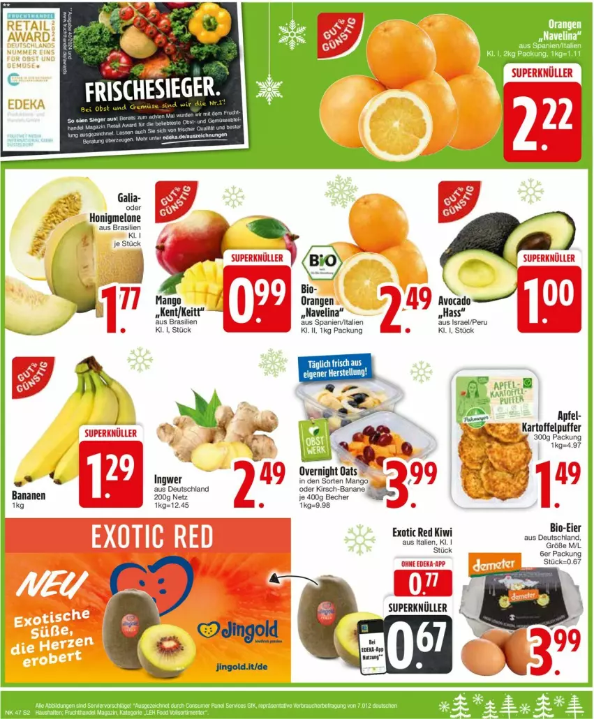 Aktueller Prospekt Edeka - Prospekte - von 18.11 bis 23.11.2024 - strona 4 - produkty: apfel, avocado, banane, Becher, bio, eier, honig, honigmelone, kartoffel, kartoffelpuffer, kirsch, kiwi, mango, melone, navelina, Rauch, Ti