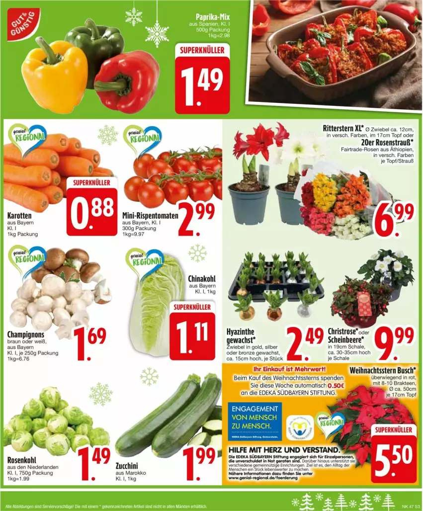 Aktueller Prospekt Edeka - Prospekte - von 18.11 bis 23.11.2024 - strona 5 - produkty: auto, beere, braun, champignon, champignons, deka, ente, erde, karotten, mini-rispentomaten, rispentomaten, ritter, rosen, Rosenkohl, Rosenstrauß, rwe, Schal, Schale, tee, Ti, tisch, tomate, tomaten, topf, Weihnachtsstern, zwiebel