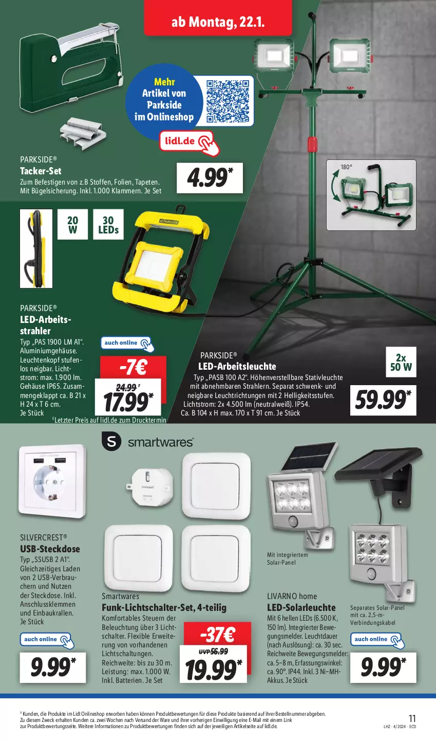 Aktueller Prospekt Lidl - Aktionsprospekt - von 22.01 bis 27.01.2024 - strona 17 - produkty: akku, Arbeitsleuchte, auer, batterie, batterien, Bau, beleuchtung, bügel, eis, elle, gsw, Klammern, lamm, led-solarleuchte, leds, Leuchte, leuchten, Parkside, Rauch, reis, rwe, Schal, silvercrest, solarleuchte, steckdose, Tapete, Tapeten, Ti, usb, weck, ZTE