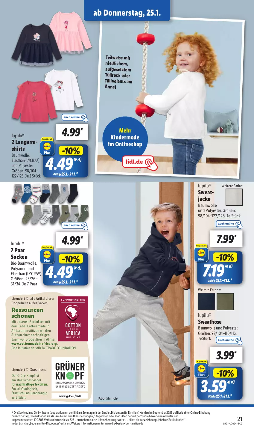 Aktueller Prospekt Lidl - Aktionsprospekt - von 22.01 bis 27.01.2024 - strona 27 - produkty: angebot, angebote, Bau, baumwolle, bio, bio-baumwolle, discount, eis, hose, Jacke, Kinder, lebensmittel, lupilu, mit bio-baumwolle, Mode, Rauch, shirt, shirts, socken, Sweathose, Ti, wolle, ZTE