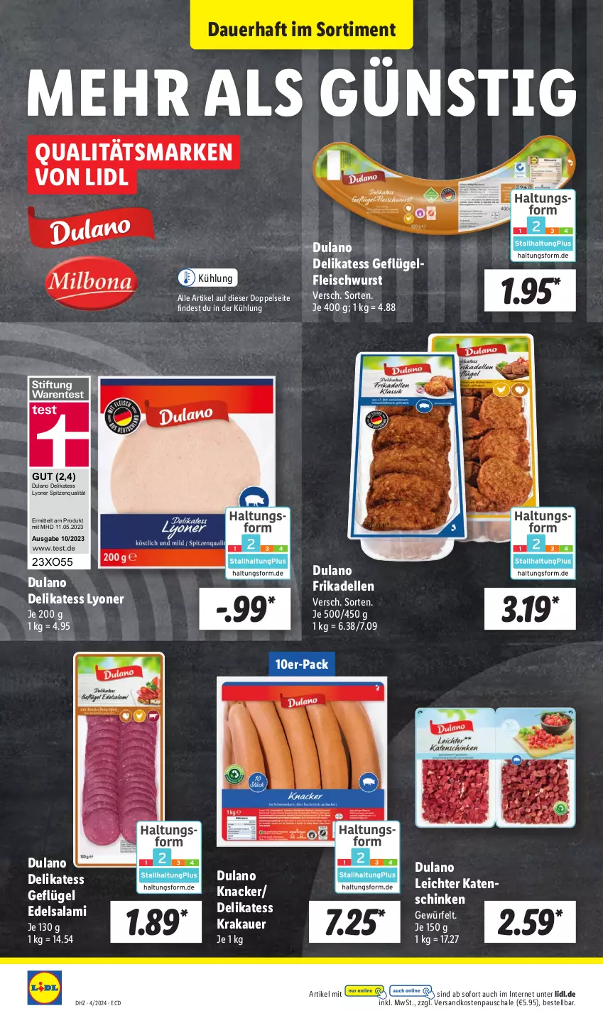 Aktueller Prospekt Lidl - Aktionsprospekt - von 22.01 bis 27.01.2024 - strona 34 - produkty: auer, dell, dulano, Edelsalami, eis, elle, fleisch, fleischwurst, frikadellen, Geflügel, katenschinken, knacker, krakauer, lyoner, ndk, salami, Schal, Schale, schinken, spitzenqualität, Ti, würfel, wurst, Yo