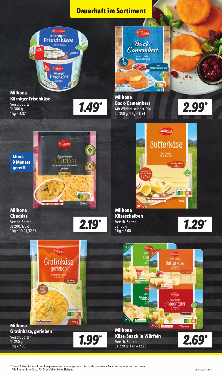 Aktueller Prospekt Lidl - Aktionsprospekt - von 22.01 bis 27.01.2024 - strona 35 - produkty: angebot, auer, Bona, camembert, cheddar, dip, eis, frischkäse, Käse, käsescheiben, Körniger Frischkäse, Milbona, reis, snack, Ti, Wild, würfel, ZTE