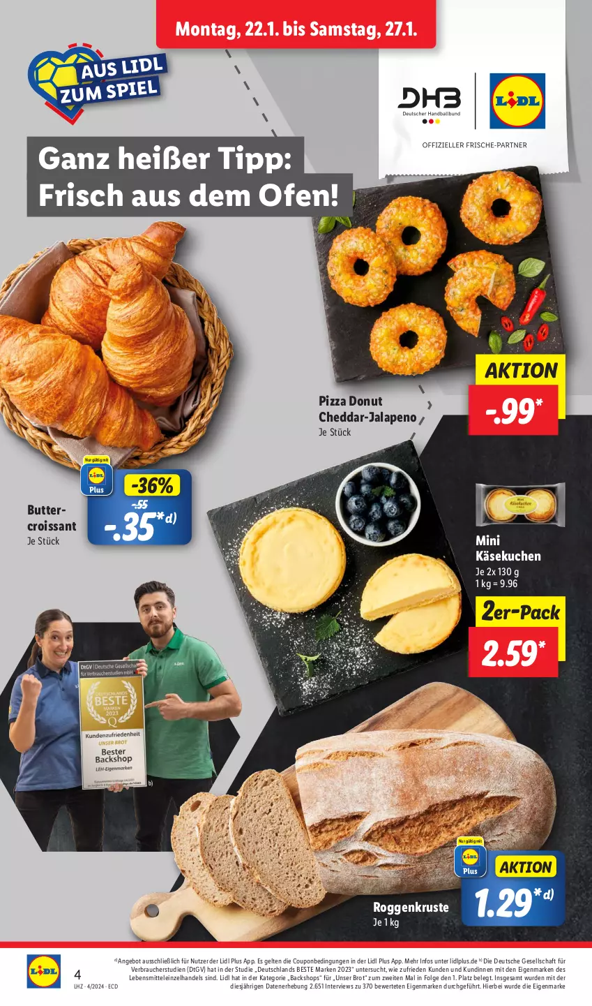 Aktueller Prospekt Lidl - Aktionsprospekt - von 22.01 bis 27.01.2024 - strona 4 - produkty: angebot, brot, butter, cheddar, coupon, Croissant, Donut, Käse, käsekuchen, kuchen, lebensmittel, LG, Ofen, pizza, Rauch, Ti