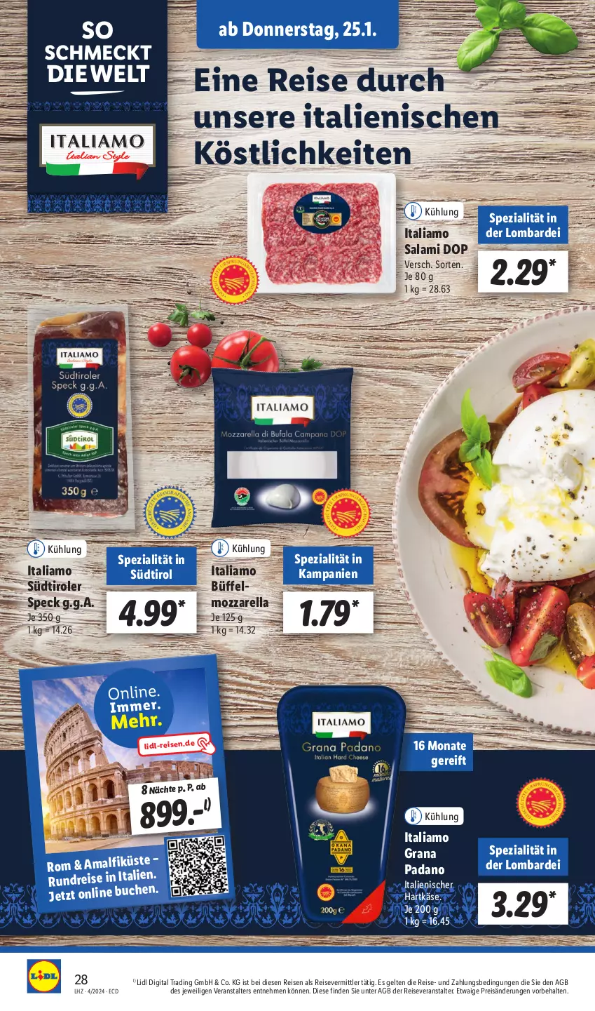 Aktueller Prospekt Lidl - Aktionsprospekt - von 22.01 bis 27.01.2024 - strona 40 - produkty: buch, eis, grana, grana padano, hartkäse, italiamo, italienischer hartkäse, Käse, mozzarella, padano, Rana, reis, reiseveranstalter, rel, salami, Speck, Spezi, südtiroler, Ti