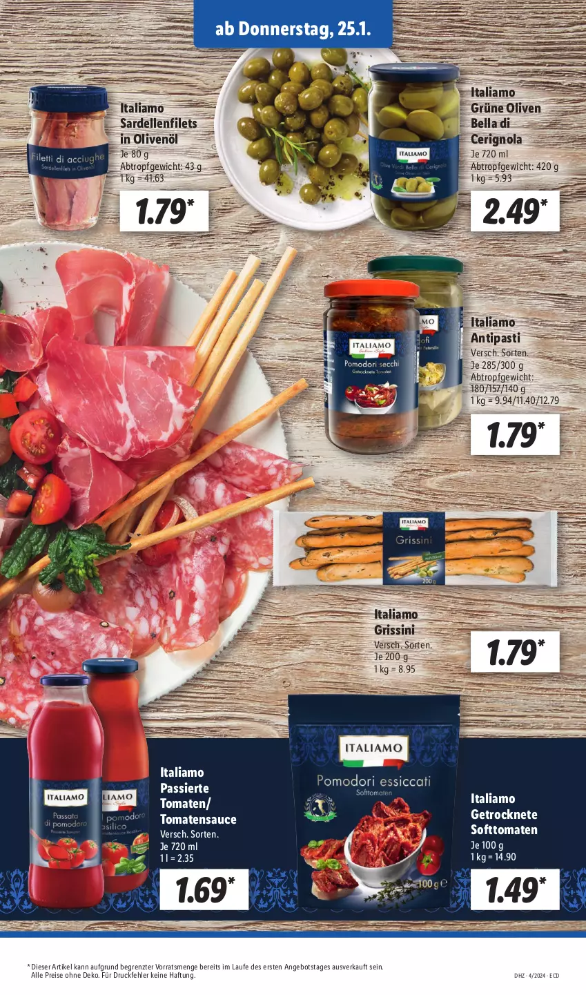 Aktueller Prospekt Lidl - Aktionsprospekt - von 22.01 bis 27.01.2024 - strona 45 - produkty: angebot, antipasti, asti, dell, eis, elle, filet, filets, grissini, grüne oliven, in olivenöl, italiamo, olive, oliven, olivenöl, reis, Sardellen, sauce, Ti, tomate, tomaten, tomatensauce, ZTE