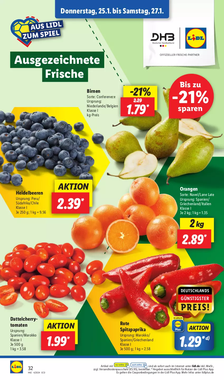 Aktueller Prospekt Lidl - Aktionsprospekt - von 22.01 bis 27.01.2024 - strona 46 - produkty: angebot, beere, beeren, Birnen, cherrytomaten, coupon, eis, heidelbeere, heidelbeeren, LG, ndk, orange, orangen, paprika, reis, Schal, Schale, Spitzpaprika, Ti, tomate, tomaten