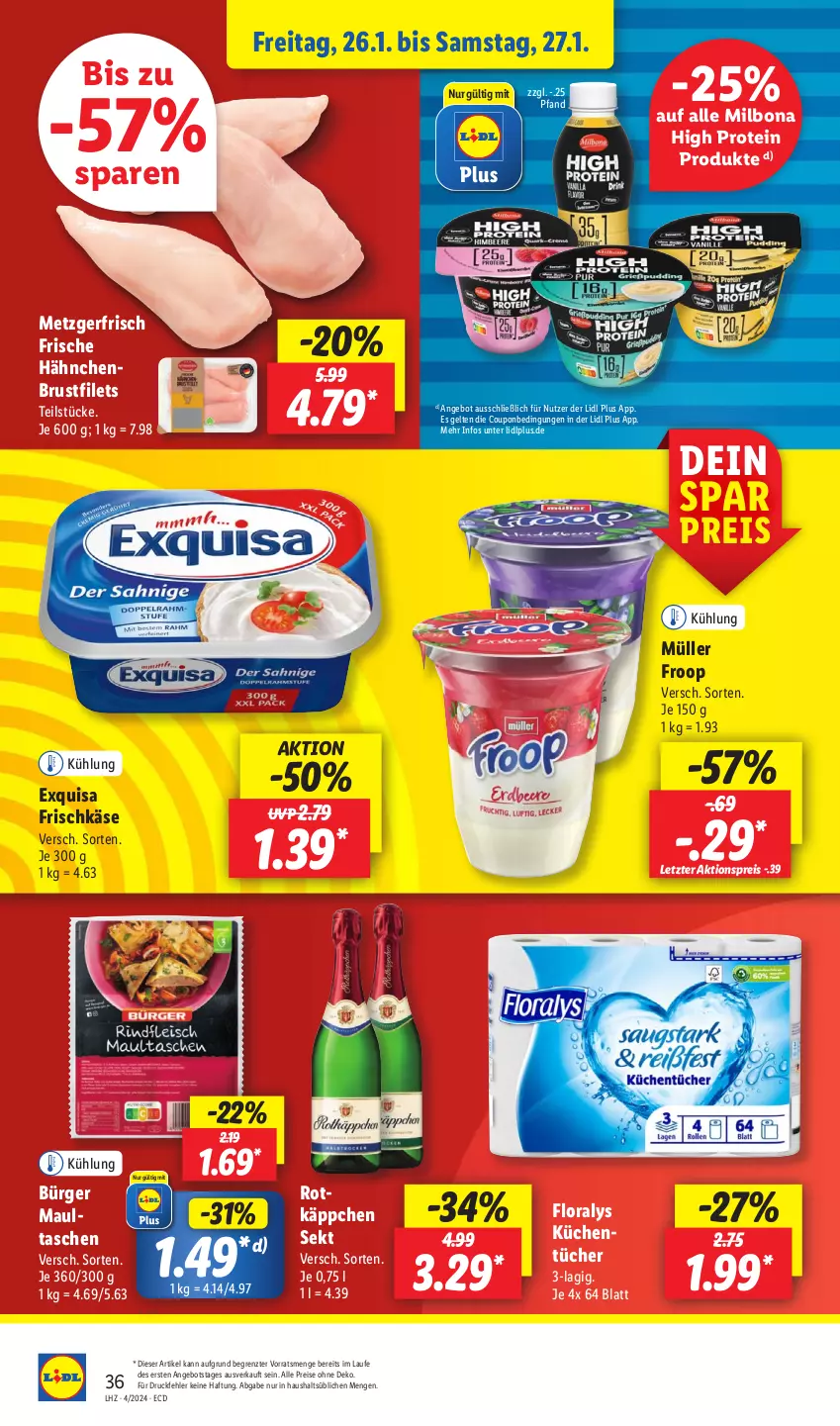 Aktueller Prospekt Lidl - Aktionsprospekt - von 22.01 bis 27.01.2024 - strona 50 - produkty: aktionspreis, angebot, Bona, brustfilet, coupon, drucker, eis, Engel, exquisa, exquisa frischkäse, filet, filets, Floralys, Frische Hähnchen, frischkäse, froop, Käse, kerze, küche, Küchen, Milbona, Müller, müller froop, papier, reis, sekt, Tasche, taschen, Ti, tücher, ZTE