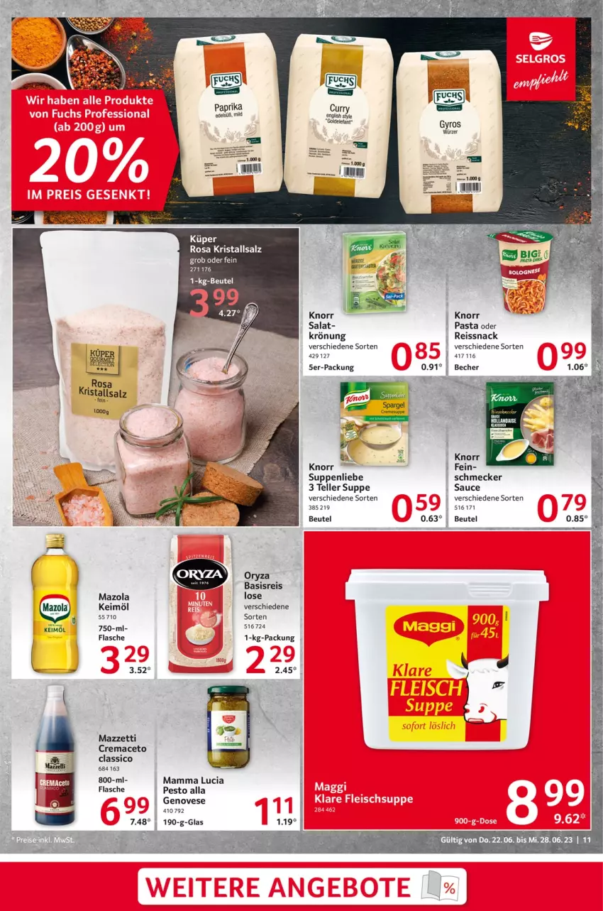 Aktueller Prospekt Selgros - Food - von 22.06 bis 28.06.2023 - strona 11 - produkty: aceto, Becher, beutel, classico, eis, elle, flasche, genovese, keimöl, knorr, knorr pasta, Kristallsalz, mac, mam, mazola, oryza, pasta, pesto, reis, reiss, salat, salz, sauce, snack, suppe, suppen, suppenliebe, teller, Ti