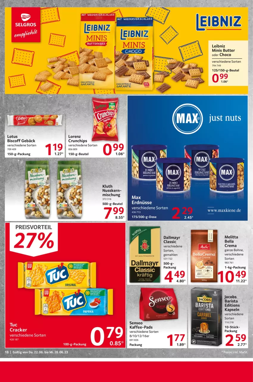 Aktueller Prospekt Selgros - Food - von 22.06 bis 28.06.2023 - strona 18 - produkty: beutel, biscoff, bohne, butter, chips, crunchips, dallmayr, erdnuss, erdnüsse, gin, jacobs, kaffee, kaffee-pads, leibniz, lorenz, lorenz crunchips, melitta, nuss, paprika, senseo, Ti