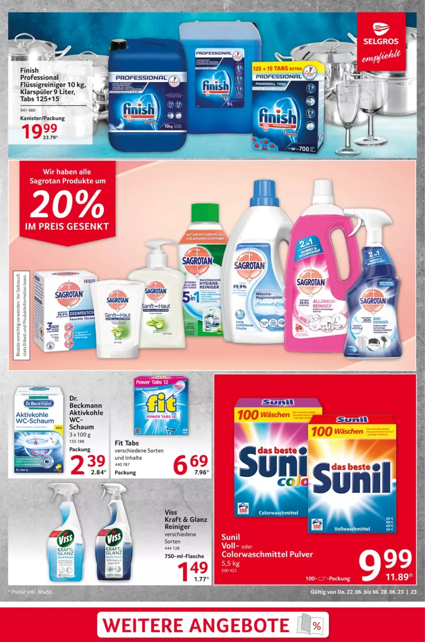 Aktueller Prospekt Selgros - Food - von 22.06 bis 28.06.2023 - strona 23 - produkty: Dr. Beckmann, Finish, flasche, hygienespüler, klarspüler, kraft, reiniger, sac, sagrotan, tee, Ti, vollwaschmittel, waschmittel, Yo