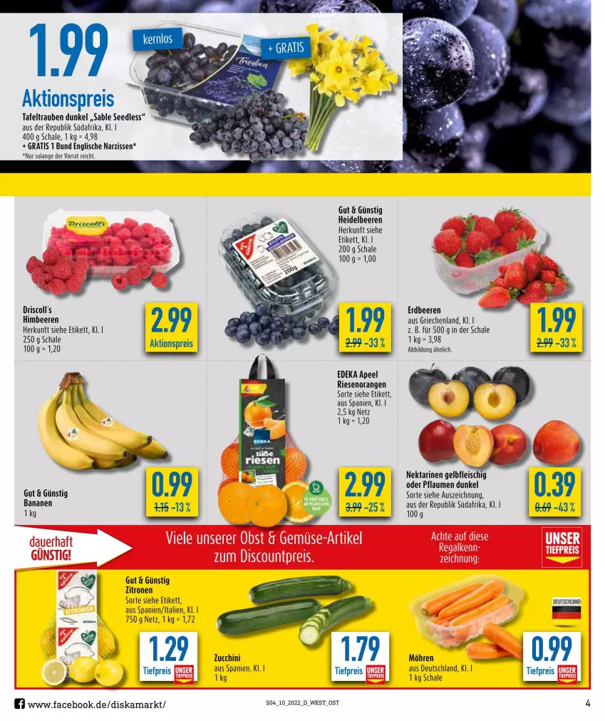 Aktueller Prospekt Diska - Prospekte - von 07.03 bis 12.03.2022 - strona 4 - produkty: aktionspreis, banane, bananen, beere, beeren, deka, eis, erdbeere, erdbeeren, fleisch, heidelbeere, heidelbeeren, himbeer, himbeere, himbeeren, möhren, Narzissen, Nektar, nektarinen, orange, orangen, pflaume, pflaumen, reis, Schal, Schale, tafeltrauben, Ti, tiefpreis, trauben, zucchini