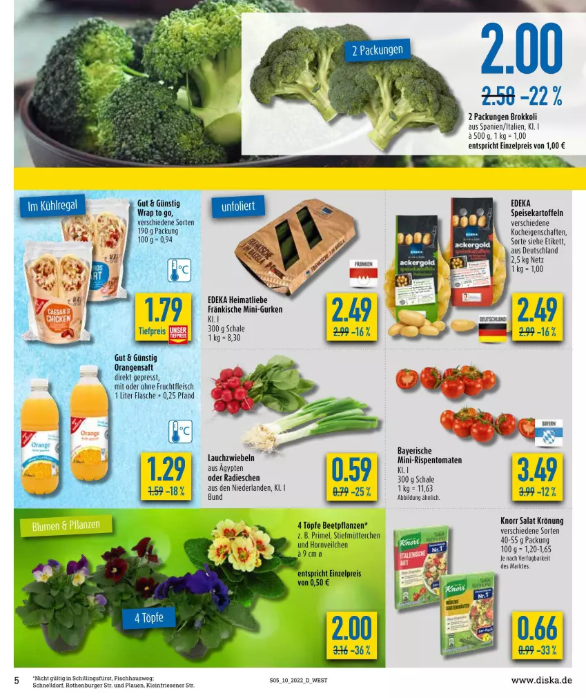 Aktueller Prospekt Diska - Prospekte - von 07.03 bis 12.03.2022 - strona 5 - produkty: beetpflanzen, brokkoli, burger, deka, eis, fisch, flasche, fleisch, frucht, fruchtfleisch, gurke, gurken, kartoffel, kartoffeln, knorr, Lauchzwiebel, lauchzwiebeln, mini-gurken, mini-rispentomaten, orange, orangen, orangensaft, pflanze, pflanzen, radieschen, reis, rispentomaten, saft, salat, Schal, Schale, speisekartoffeln, Ti, tiefpreis, tomate, tomaten, wrap, zwiebel, zwiebeln