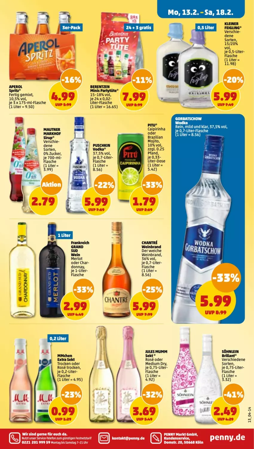 Aktueller Prospekt Penny - Prospekte - von 13.02 bis 18.02.2023 - strona 15 - produkty: aperol, berentzen, Brazilian, eis, flasche, Gorbatschow, jules mumm, kleiner feigling, leine, Mautner, merl, merlot, mojito, mumm, reis, sekt, sirup, söhnlein, söhnlein brillant, Ti, Tüte, vodka, wein, weinbrand, zucker