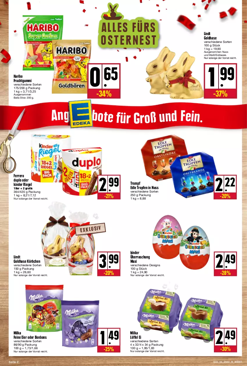 Aktueller Prospekt Kupsch - Angebote der Woche - von 04.04 bis 09.04.2022 - strona 2 - produkty: ball, beere, bonbons, duplo, eier, erdbeere, ferrero, frucht, fruchtgummi, haribo, Kinder, kinder riegel, Körbchen, lindt, Löffel, milka, nuss, riegel, rum, Ti