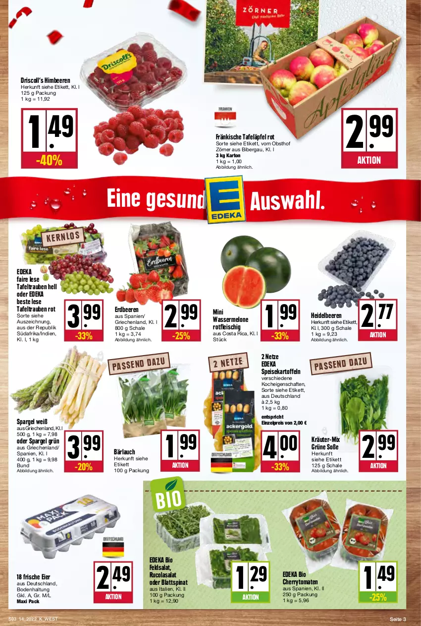 Aktueller Prospekt Kupsch - Angebote der Woche - von 04.04 bis 09.04.2022 - strona 3 - produkty: beere, beeren, bio, blattspinat, cherrytomaten, cola, deka, edeka bio, eier, eis, erdbeere, erdbeeren, feldsalat, fleisch, heidelbeere, heidelbeeren, himbeer, himbeere, himbeeren, kartoffel, kartoffeln, kräuter, melone, obst, reis, rucola, salat, Schal, Schale, Soße, spargel, spargel grün, speisekartoffeln, spinat, tafeläpfel, tafeltrauben, Ti, tomate, tomaten, trauben, wasser, wassermelone