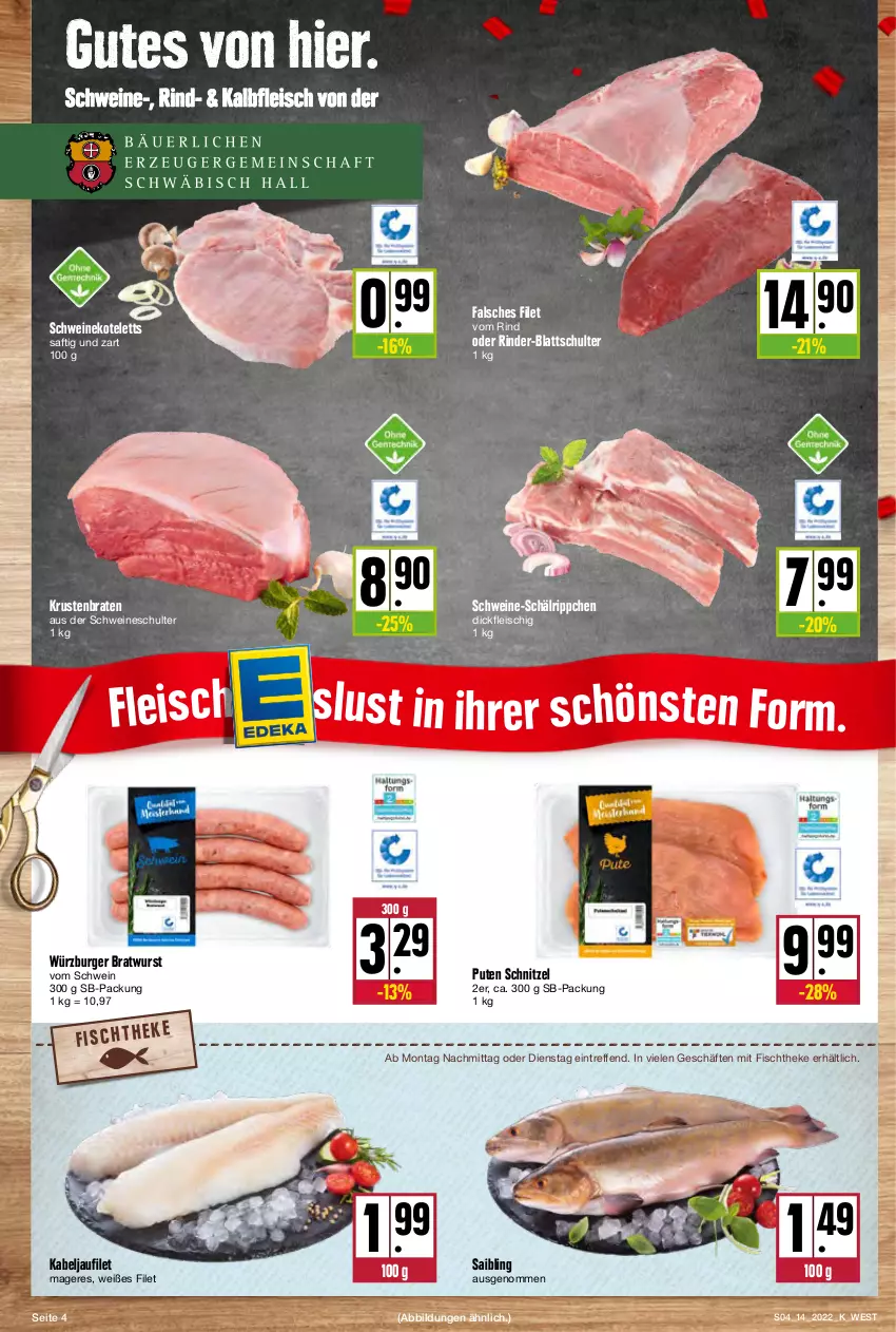 Aktueller Prospekt Kupsch - Angebote der Woche - von 04.04 bis 09.04.2022 - strona 4 - produkty: braten, bratwurst, burger, eis, Falsches Filet, filet, fisch, fischtheke, fleisch, kabeljaufilet, Kalbfleisch, kotelett, krustenbraten, pute, rind, rinder, saft, Saibling, schnitzel, schwein, schweine, schweinekotelett, Ti, wein, weine, wurst