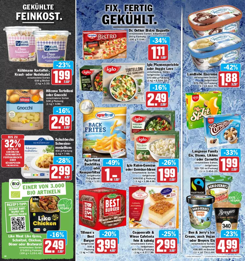 Aktueller Prospekt Hit - Prospekte - von 19.04 bis 23.04.2022 - strona 10 - produkty: agrarfrost, baguette, Becher, becks, beutel, Bistro Baguette, bratwurst, burger, coppenrath, cornetto, creme, disney, Dr. Oetker, eis, eiscreme, elle, feinkost, fertiggericht, fertiggerichte, gnocchi, gyros, hilcona, iglo, kartoffel, Kraut, kühlmann, landliebe, landliebe eiscreme, langnese, Like Meat, medaillons, nudel, nudelsalat, pfanne, pfannen, rahm-gemüse, reis, Ria, salat, sauce, schnitzel, schwein, schweine, teller, tender, Ti, torte, tortelloni, veggie, Veggie Love, wein, weine, wurst, zwiebel