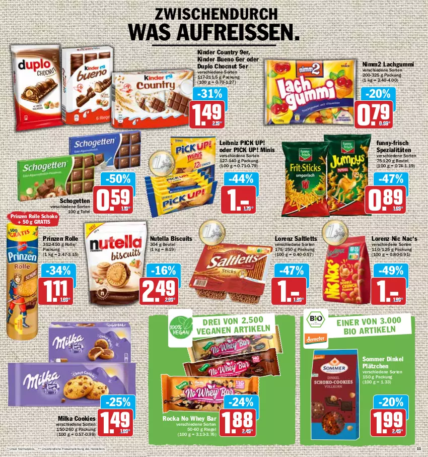 Aktueller Prospekt Hit - Prospekte - von 19.04 bis 23.04.2022 - strona 11 - produkty: beutel, cookie, cookies, duplo, eis, elle, funny-frisch, Kinder, kinder bueno, kinder country, lachgummi, Lätzche, leibniz, lorenz, milka, nimm2, nutella, Pick Up!, prinzen rolle, reis, reiss, riegel, saltletts, schogetten, schoko, Spezi, teller, Ti