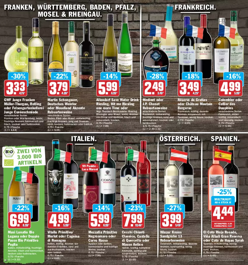 Aktueller Prospekt Hit - Prospekte - von 19.04 bis 23.04.2022 - strona 18 - produkty: aktionspreis, amaro, aprikose, auer, Bad, Berger, bier, bio, chia, chianti, citrus, classico, cuvée, doppio passo, drink, eis, elle, ente, finesse, flasche, frucht, früchte, früchten, Garten, J.P. Chenet, medinet, merl, merlot, moselland, Müller, Müller-Thurgau, passo, primitivo, rebsortenweine, reis, riesling, rioja, teller, Ti, wein, weine