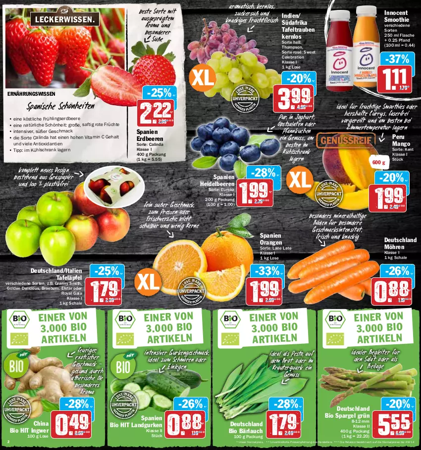 Aktueller Prospekt Hit - Prospekte - von 19.04 bis 23.04.2022 - strona 2 - produkty: asti, beere, beeren, bio, bio hit, brot, curry, eis, elle, erdbeere, erdbeeren, flasche, fleisch, frucht, früchte, fruchtfleisch, gsw, gurke, gurken, heidelbeere, heidelbeeren, ilag, ingwer, Innocent, joghur, joghurt, kräuter, kuchen, kühlschrank, Landgurken, mac, mango, möhren, nuss, obst, orange, orangen, papier, pesto, Pfannkuchen, quark, reis, rel, saft, salat, salate, Schal, Schale, Schrank, smoothie, smoothies, spargel, spargel grün, tafeläpfel, tafeltrauben, teller, Ti, tisch, trauben, vita, Vitamin C, zucker