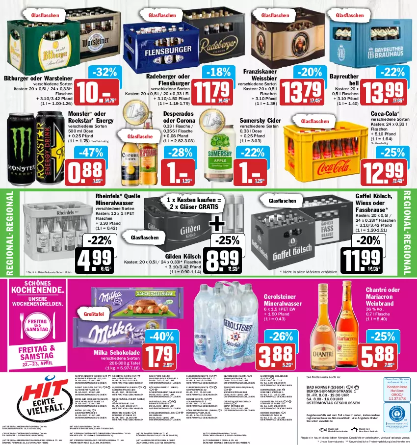 Aktueller Prospekt Hit - Prospekte - von 19.04 bis 23.04.2022 - strona 20 - produkty: Alwa, angebot, angebote, auer, Bad, Berger, bier, bitburger, braun, brause, burger, chantré, cider, coca-cola, cola, corona, desperados, drucker, eimer, eis, elle, Engel, fassbrause, fisch, flasche, flensburger, franziskaner, gerolsteine, gerolsteiner, Gläser, glasflasche, kerze, Lübecker, mariacron, milka, milka schokolade, mineralwasser, monster, radeberger, Rauch, reis, Ria, Rockstar, schoko, schokolade, somersby, steiner, teller, Ti, uhr, warsteiner, wasser, wein, weinbrand, weissbier