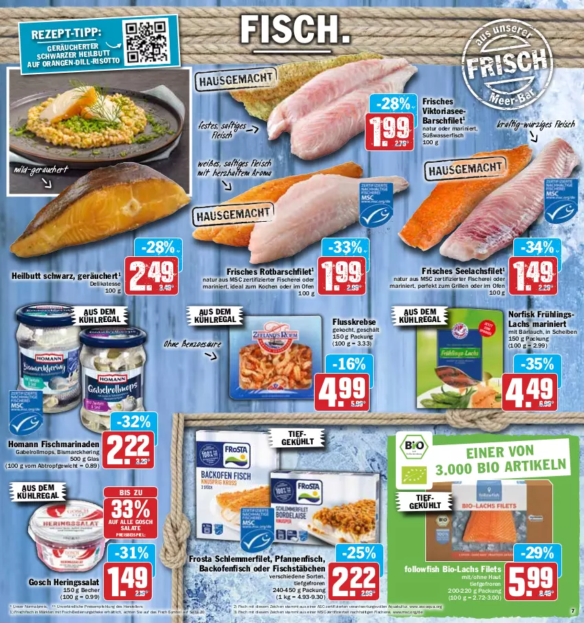 Aktueller Prospekt Hit - Prospekte - von 19.04 bis 23.04.2022 - strona 7 - produkty: aqua, aus dem kühlregal, backofen, Becher, bio, bismarck, eis, elle, filet, filets, fisch, fische, Fischer, fischstäbchen, fleisch, followfish, frischfisch, frosta, gabel, grill, hering, Herings, homann, Krebs, kühlregal, lachs, lachsfilet, marinade, natur, Ofen, orange, orangen, pfanne, pfannen, regal, reis, Ria, ring, Rotbarsch, rotbarschfilet, saft, salat, salate, Schere, schlemmerfilet, seelachsfilet, teller, tender, Ti, wasser