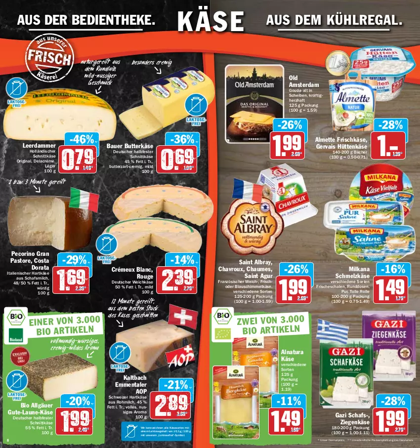 Aktueller Prospekt Hit - Prospekte - von 19.04 bis 23.04.2022 - strona 8 - produkty: albray, almette, auer, aus dem kühlregal, Bau, Bauer, Becher, bio, butter, butterkäse, chaumes, chavroux, deutscher weichkäse, eis, elle, emmentaler, frischkäse, gervais, gin, halbfester schnittkäse, hartkäse, holländischer schnittkäse, italienischer hartkäse, Käse, kühlregal, leerdammer, LG, mac, Mett, milch, milka, milkana, natur, natura, nuss, Old Amsterdam, Pecorino, regal, reis, rouge, Saint Agur, saint albray, Schal, Schale, Schmelzkäse, schnitten, schnittkäse, schweizer hartkäse, teller, Ti, weichkäse, ziegenkäse