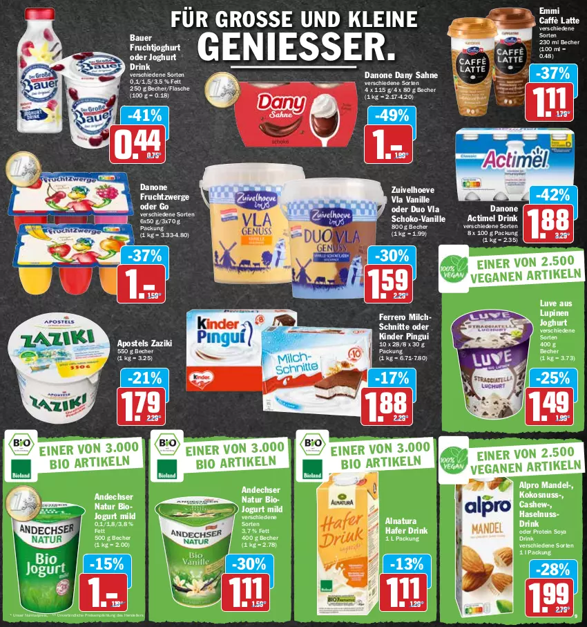 Aktueller Prospekt Hit - Prospekte - von 19.04 bis 23.04.2022 - strona 9 - produkty: actimel, actimel drink, alpro, andechser natur, apostels, auer, Bau, Bauer, Becher, bio, caffè latte, Cashew, danone, danone actimel drink, danone fruchtzwerge, Dany, dany sahne, drink, eis, elle, emmi, ferrero, flasche, frucht, fruchtjoghurt, fruchtzwerge, hafer, haselnuss, Haselnussdrink, joghur, joghurt, jogurt, Kinder, kinder pingui, kokos, kokosnuss, latte, leine, mandel, milch, Milchschnitte, natur, natura, nuss, Nussdrink, pingui, reis, sahne, schoko, soya, ssd, teller, Ti, vanille, zaziki