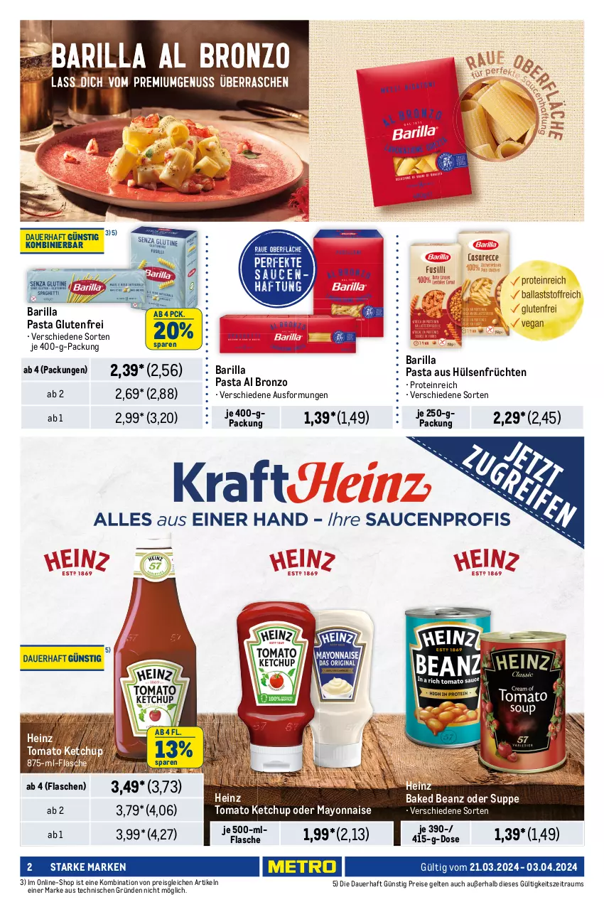 Aktueller Prospekt Metro - Starke Marken - von 21.03 bis 03.04.2024 - strona 2 - produkty: auer, barilla, beanz, eis, flasche, früchte, früchten, heinz, hülsenfrüchte, ketchup, Knödel, knorr, mayonnaise, mehl, mondamin, pasta, pfanni, reis, salat, salatkrönung, senf, Soße, suppe, Ti, tomato ketchup, Yo