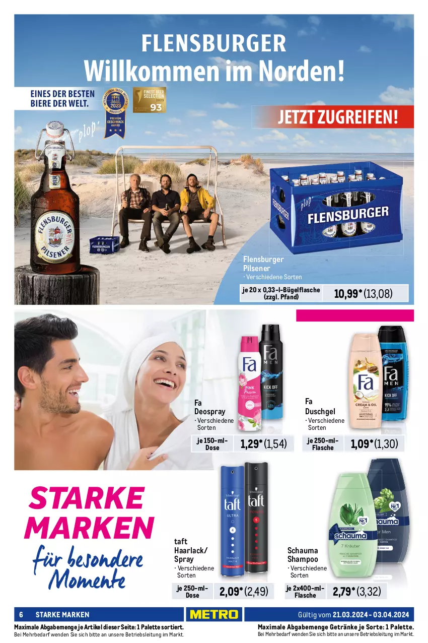 Aktueller Prospekt Metro - Starke Marken - von 21.03 bis 03.04.2024 - strona 6 - produkty: arla, body, bodylotion, bügel, bügelflasche, burger, deo, deo roll-on, deospray, dusche, duschgel, emsa, fa duschgel, flasche, flensburger, Frosch, getränk, getränke, Haarlack, lack, Lotion, nivea, Palette, pflegedusche, pils, pilsener, reiniger, roll-on, rorax, schauma, schauma shampoo, Seife, shampoo, Taft, Ti, wc-reiniger