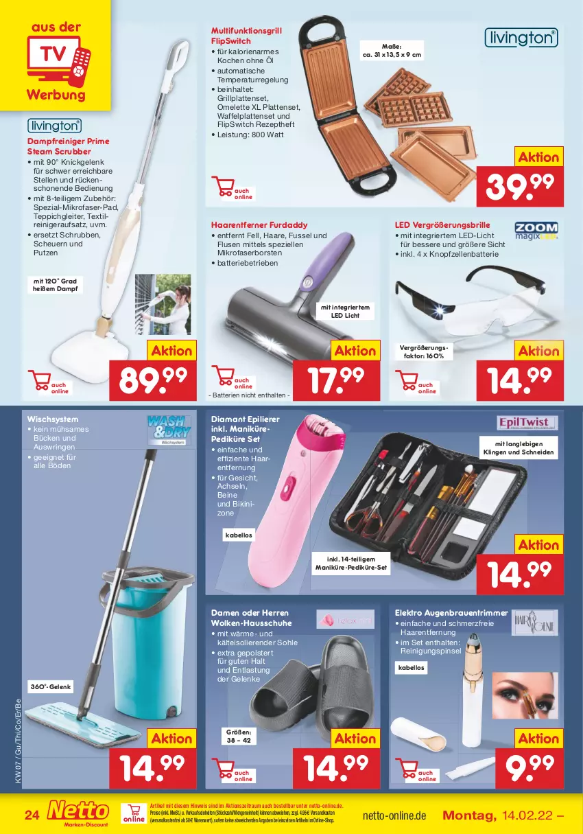 Aktueller Prospekt Netto Marken-Discount - Filial-Angebote - von 14.02 bis 19.02.2022 - strona 24 - produkty: auto, batterie, batterien, bikini, Brille, dampfreiniger, eis, Elektro, elle, ente, epilierer, grill, grillplatte, Haarentfernung, Hausschuhe, Heu, latte, led-licht, mikrofaser, ndk, Pinsel, reiniger, Reinigung, reis, rezept, ring, schuhe, Spezi, teppich, Ti, tisch, versandkostenfrei