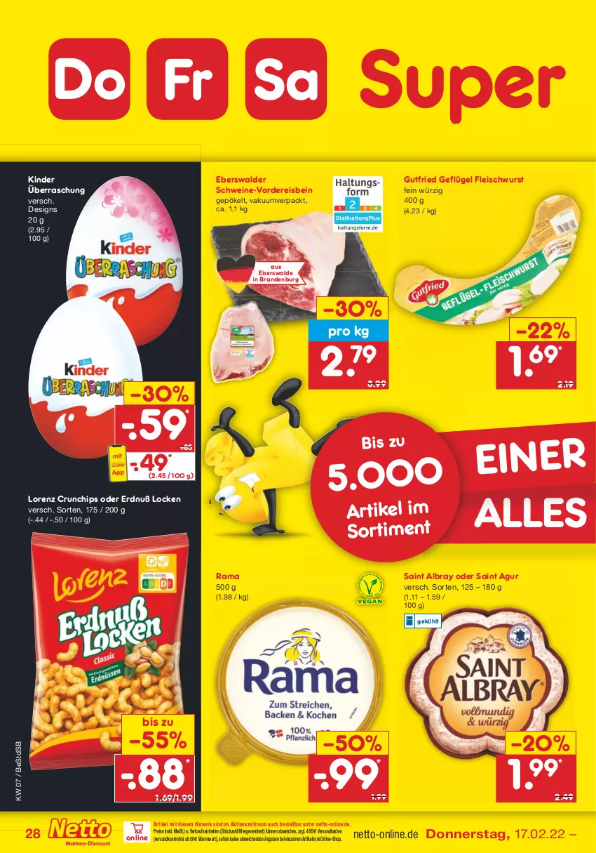 Aktueller Prospekt Netto Marken-Discount - Filial-Angebote - von 14.02 bis 19.02.2022 - strona 28 - produkty: albray, chips, crunchips, eis, fleisch, fleischwurst, Geflügel, gutfried, Kinder, lorenz, lorenz crunchips, ndk, rama, reis, Saint Agur, saint albray, schwein, schweine, Ti, versandkostenfrei, wein, weine, wurst