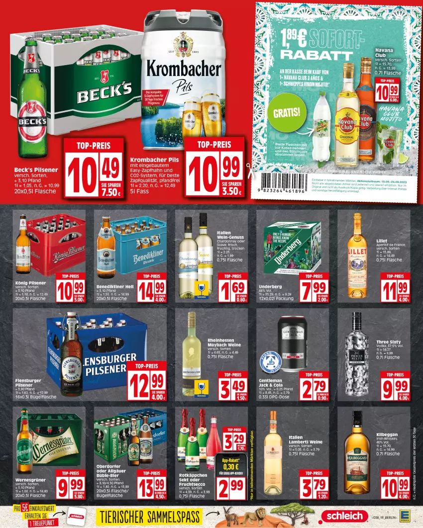 Aktueller Prospekt Edeka - Angebote der Woche - von 18.09 bis 23.09.2023 - strona 13 - produkty: Amber, aperitif, Bau, beck's, Benediktiner, bügel, bügelflasche, burger, chardonnay, eis, ente, flasche, flensburger, frucht, kilbeggan, krombache, krombacher, krombacher pils, LG, lillet, maybach, pils, pilsener, reis, Ti, top-preis, vodka, wein, weine