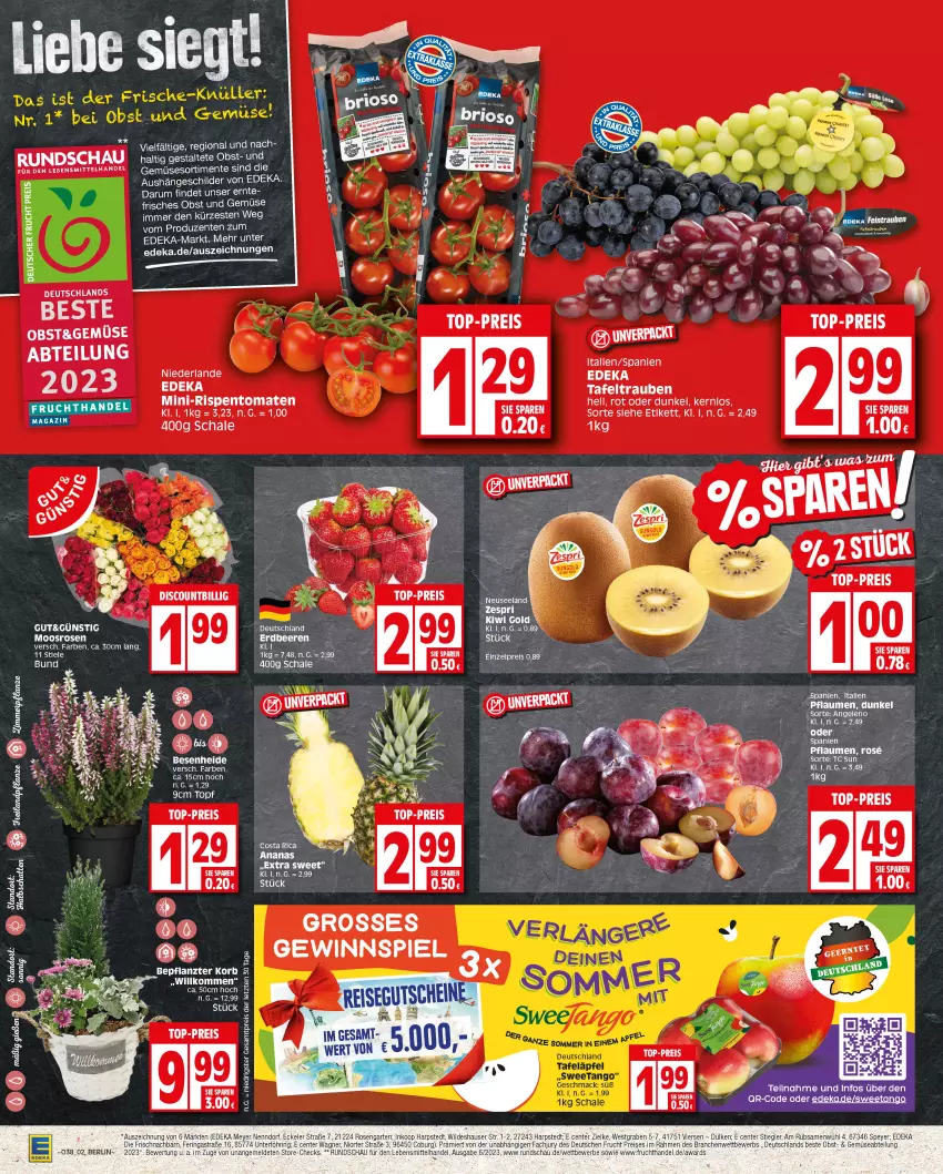 Aktueller Prospekt Edeka - Angebote der Woche - von 18.09 bis 23.09.2023 - strona 2 - produkty: Abtei, ananas, Astra, beere, beeren, deka, eis, ente, erdbeere, erdbeeren, frucht, Garten, korb, lebensmittel, Mett, mini-rispentomaten, obst, Obst und Gemüse, pflaume, pflaumen, reis, ring, rispentomaten, rosen, Schal, Schale, speyer, Stiegl, Ti, tomate, tomaten, top-preis, topf, und gemüse, wagner, Wild, ZTE